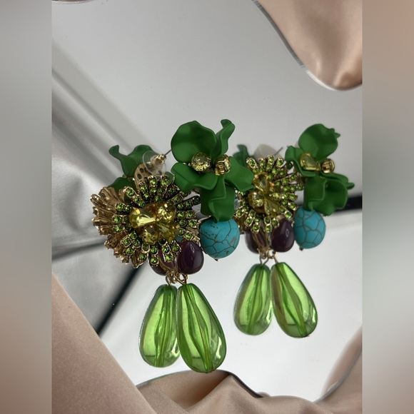 Green Floral Drop Earrings with Crystals and Stones” - Picture 8 of 8